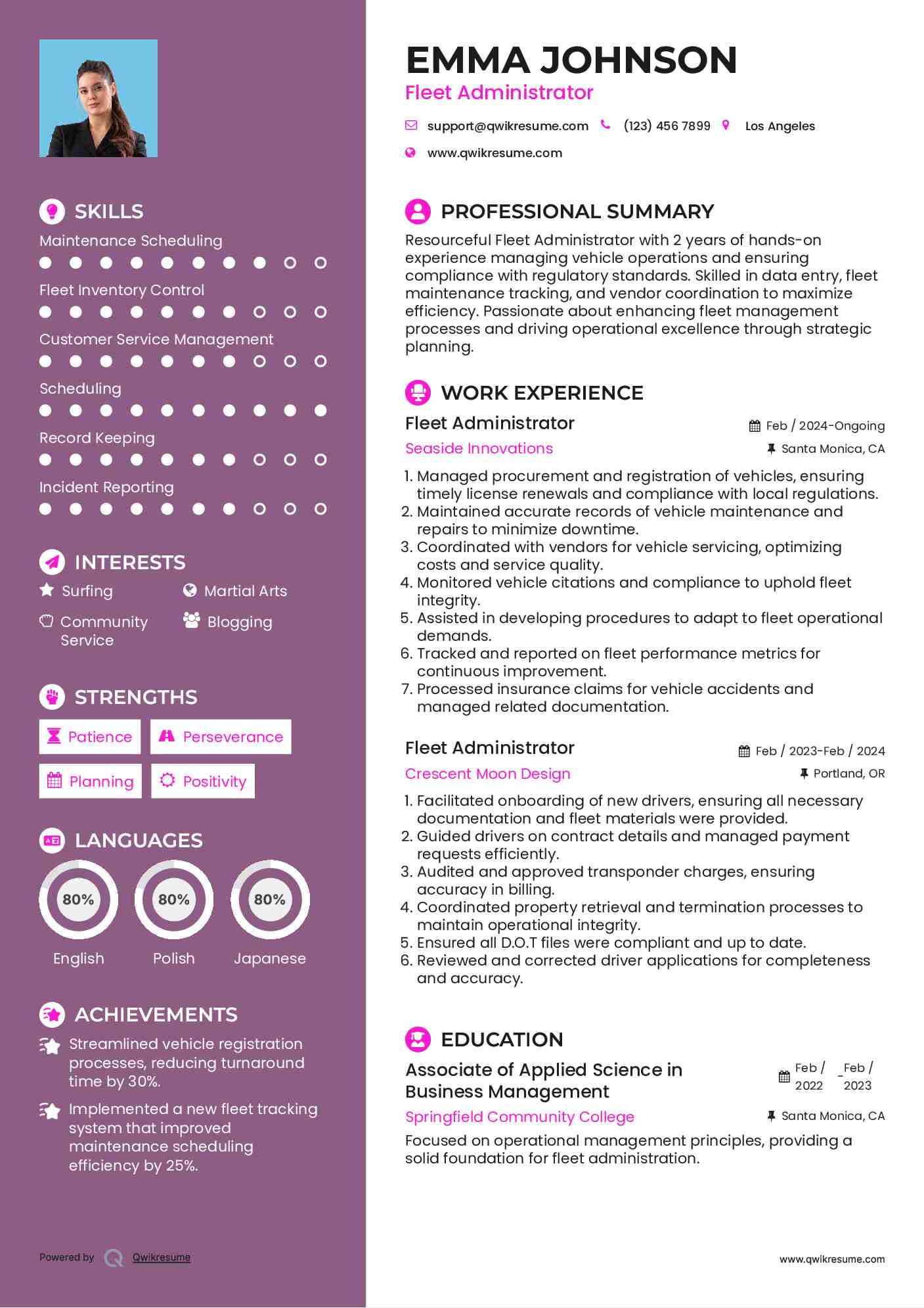 Fleet Administrator Resume Template