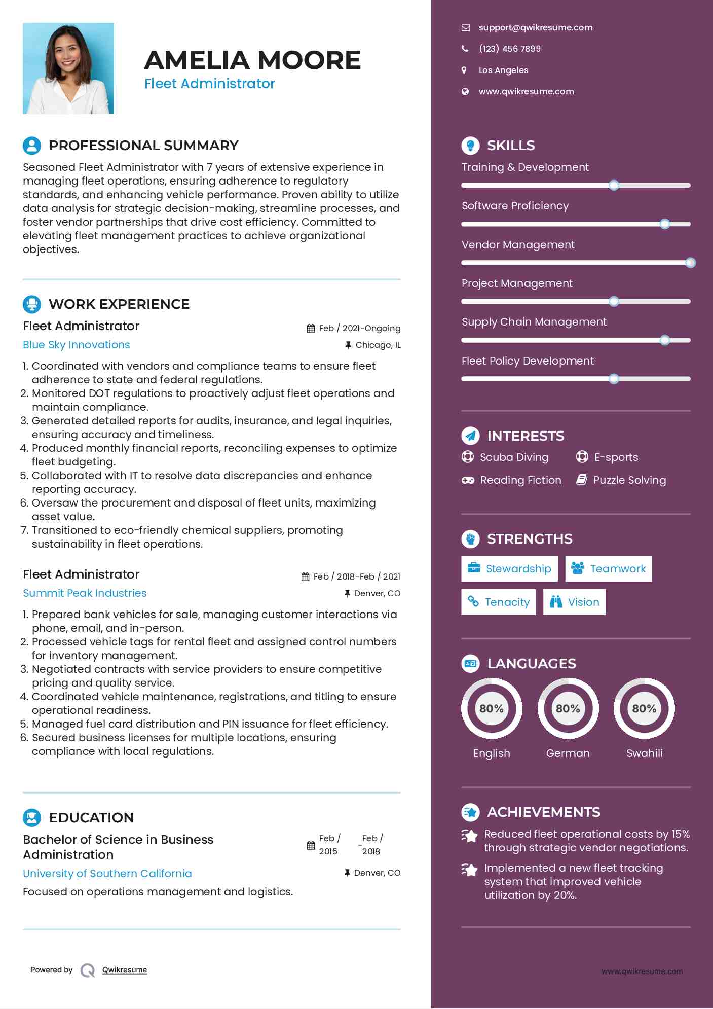Fleet Administrator Resume Template