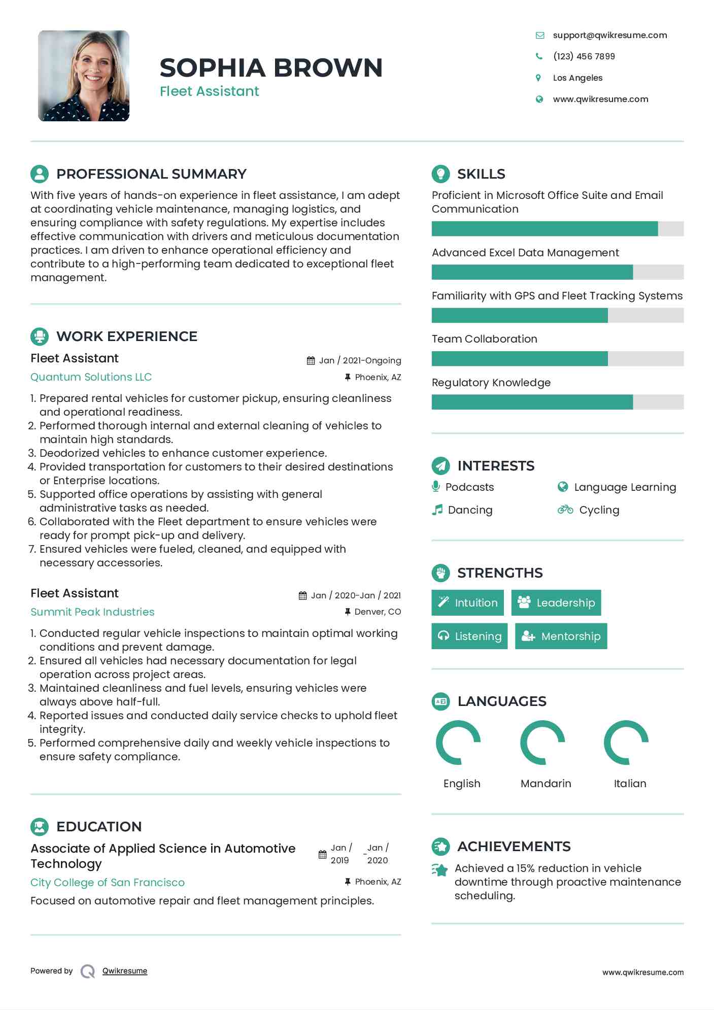Fleet Assistant Resume Example