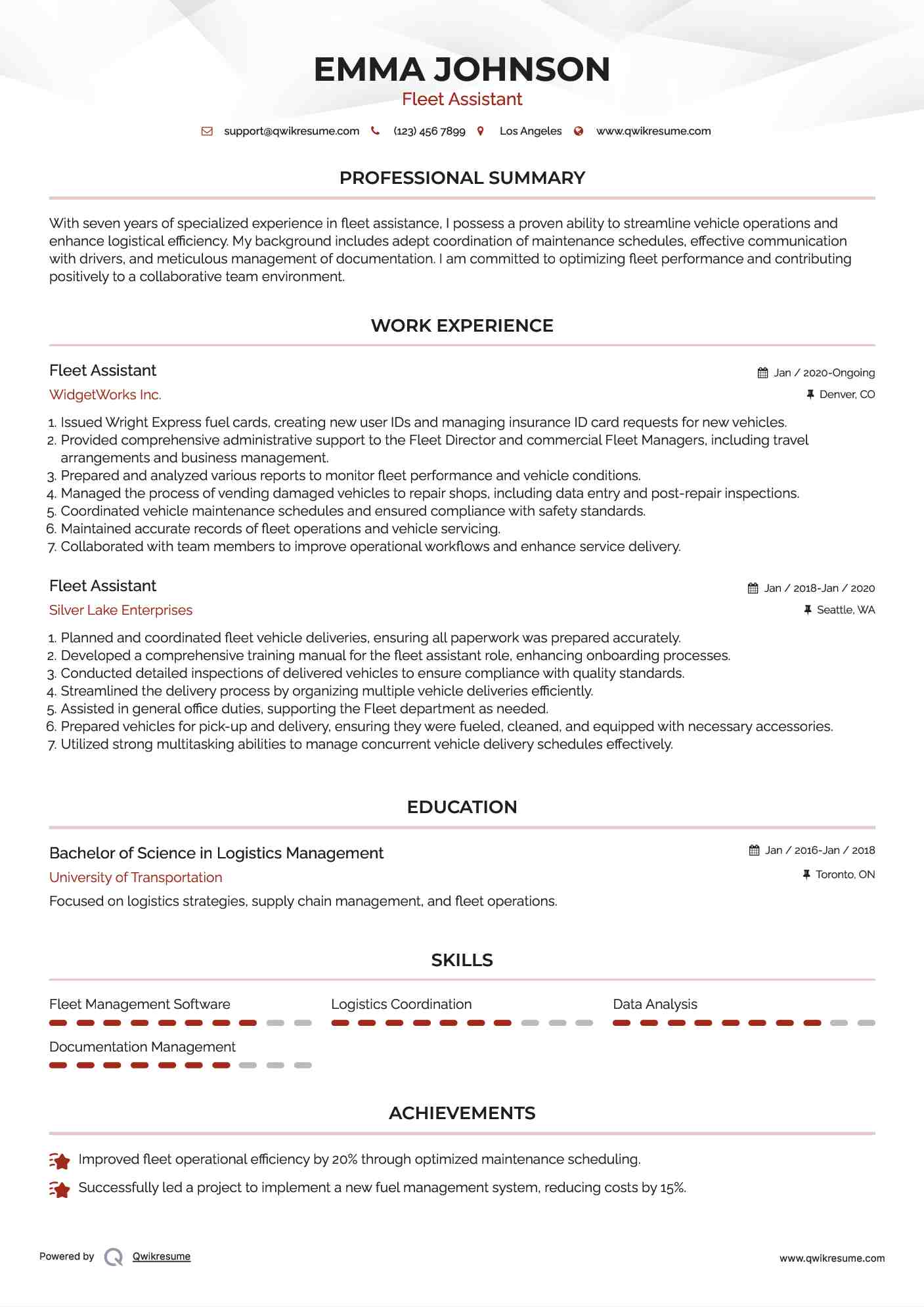Fleet Assistant Resume Template