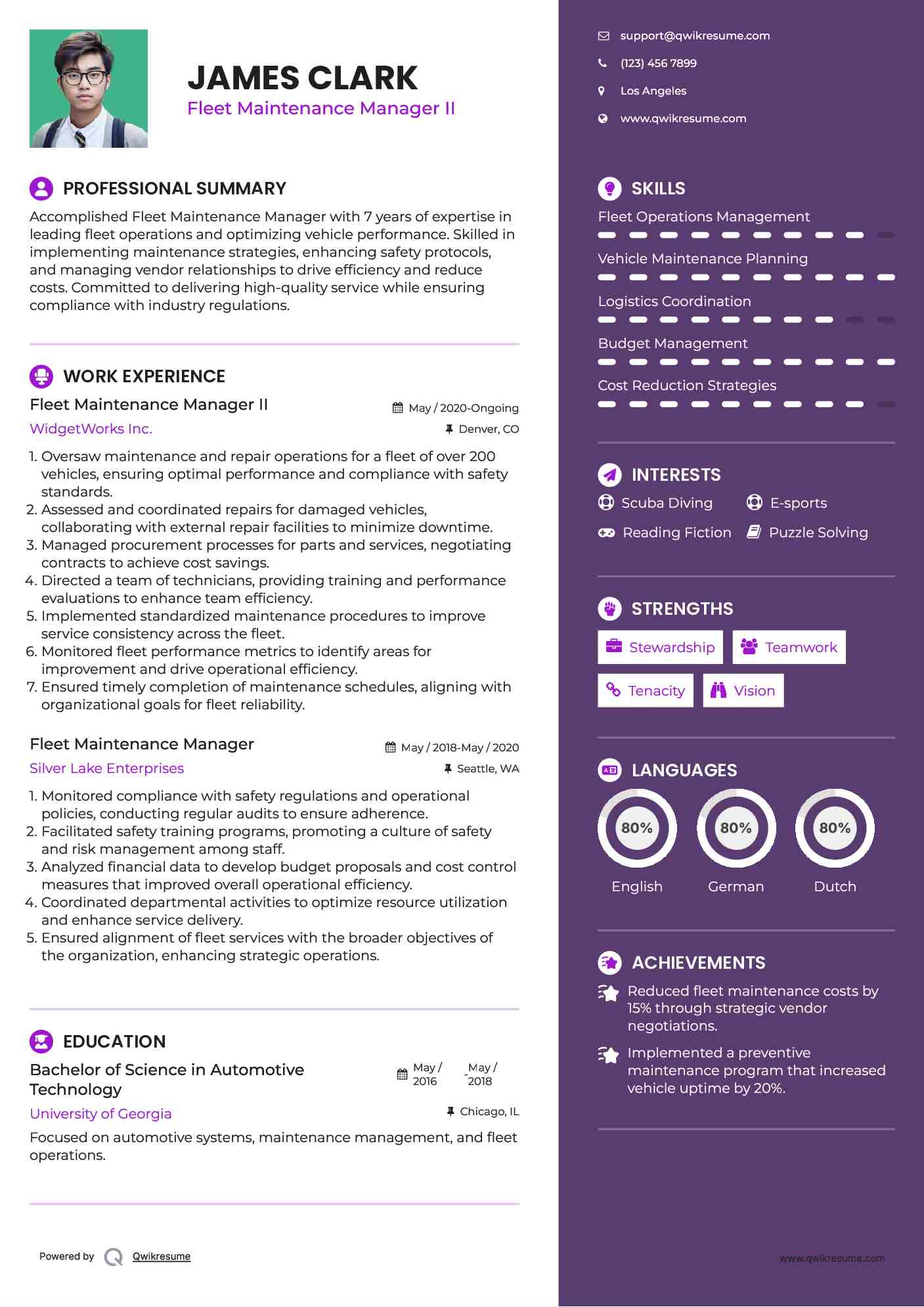 Fleet Maintenance Manager II Resume Example
