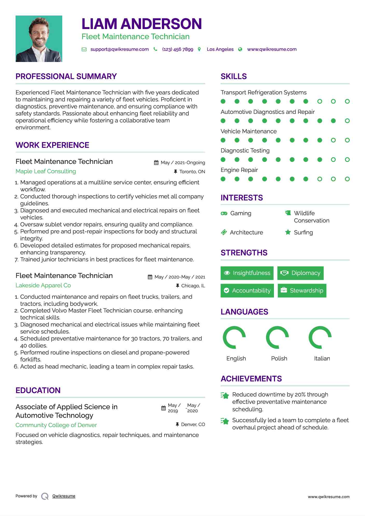 Fleet Maintenance Technician Resume Format