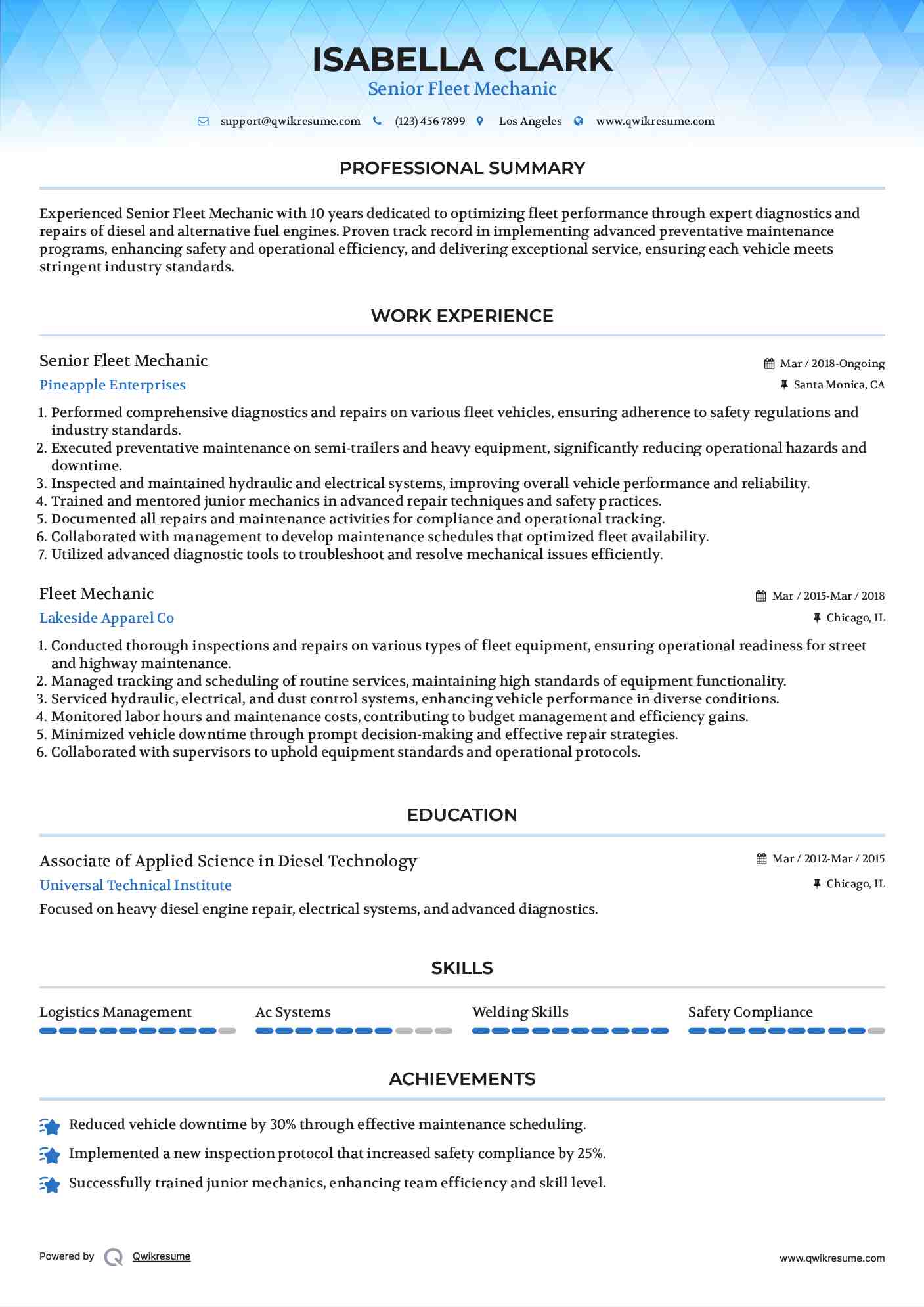 Senior Fleet Mechanic Resume Example