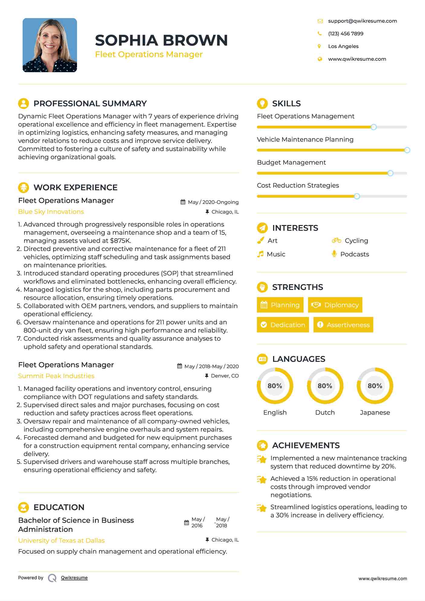 Fleet Operations Manager Resume Template