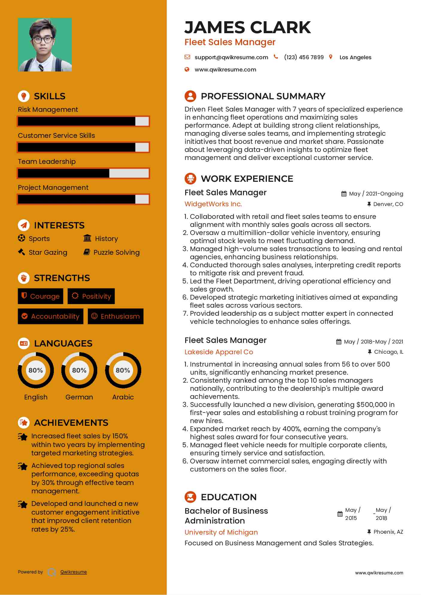 Fleet Sales Manager Resume Template