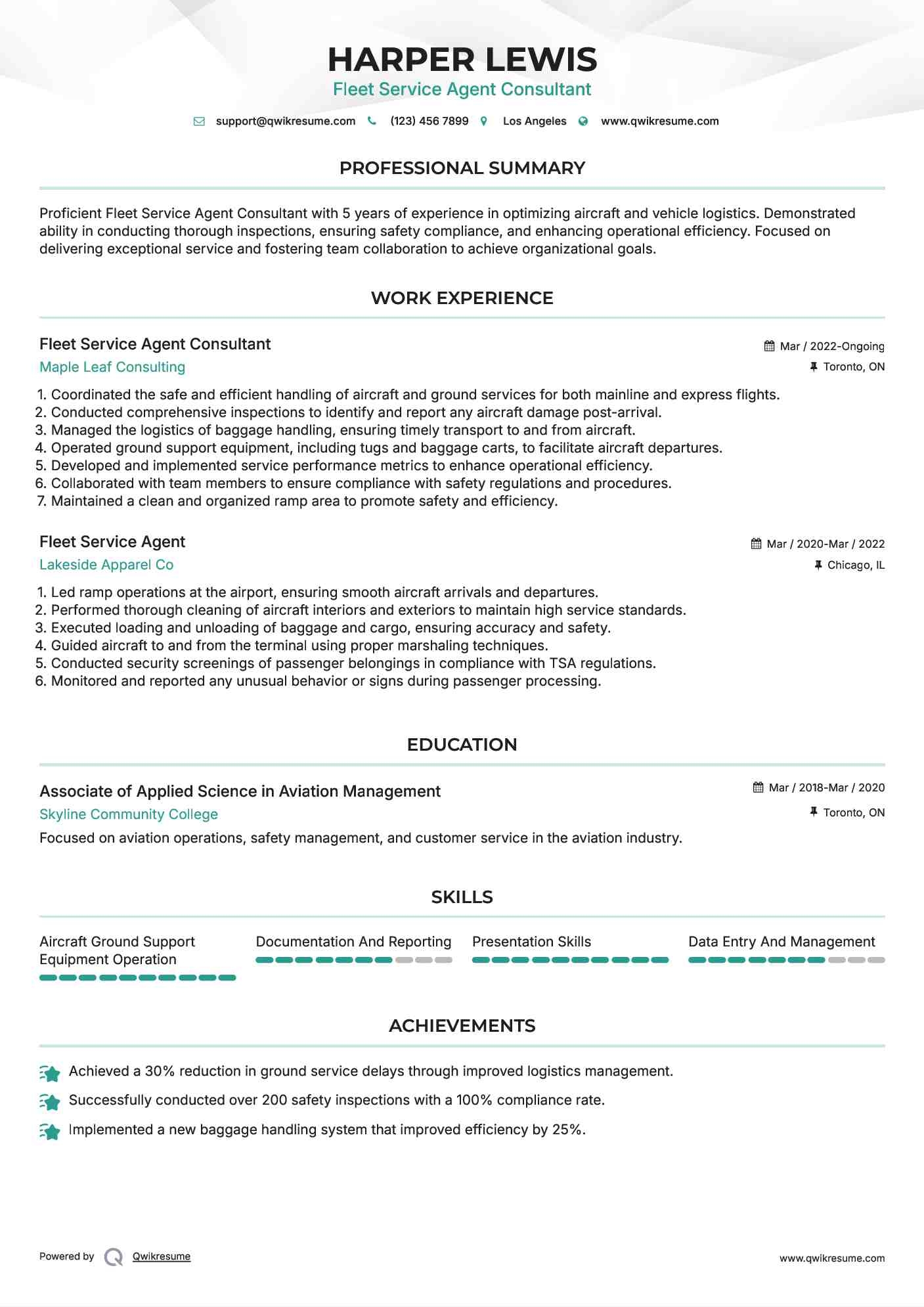 Fleet Service Agent Consultant Resume Sample