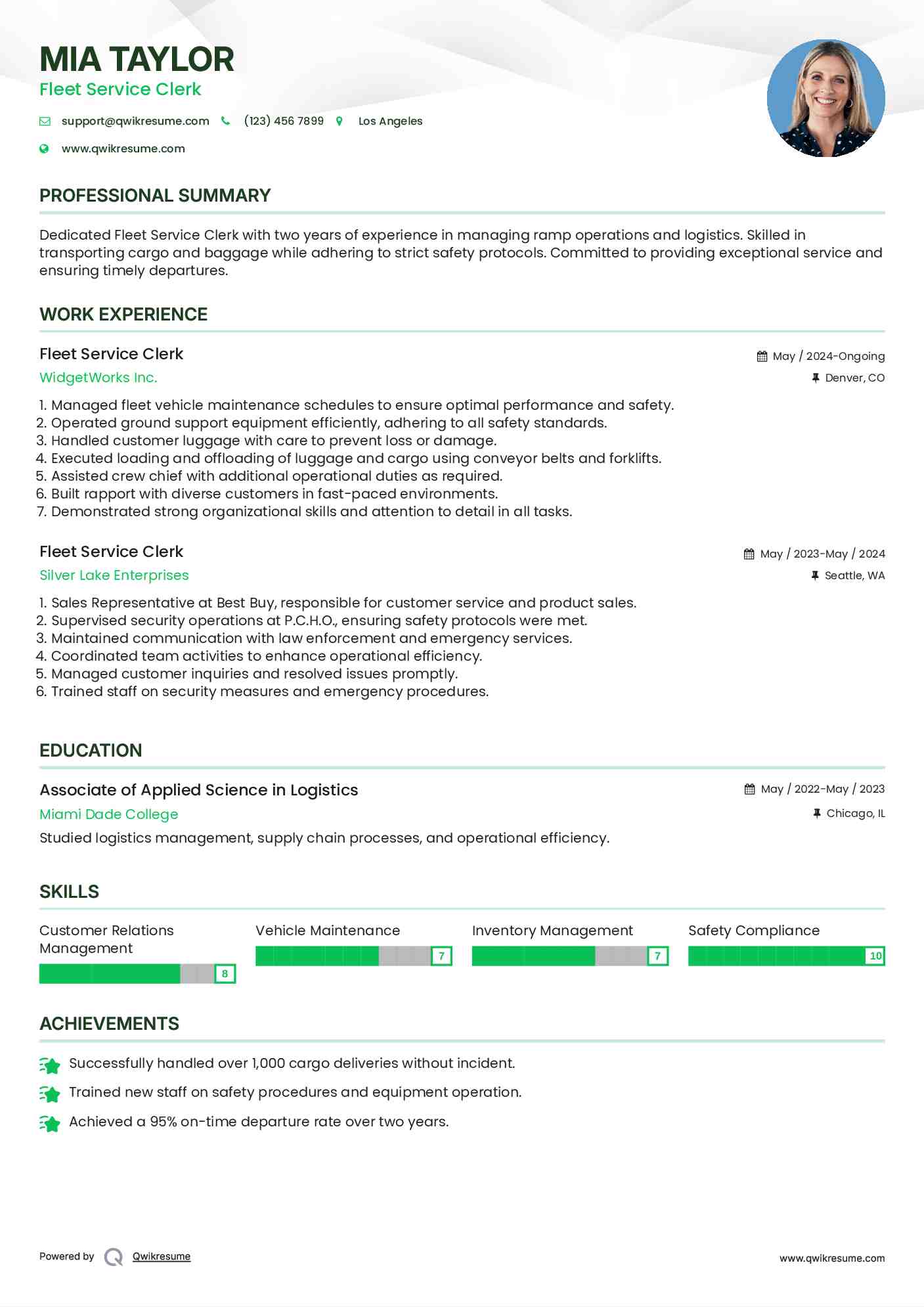 Fleet Service Clerk Resume Template