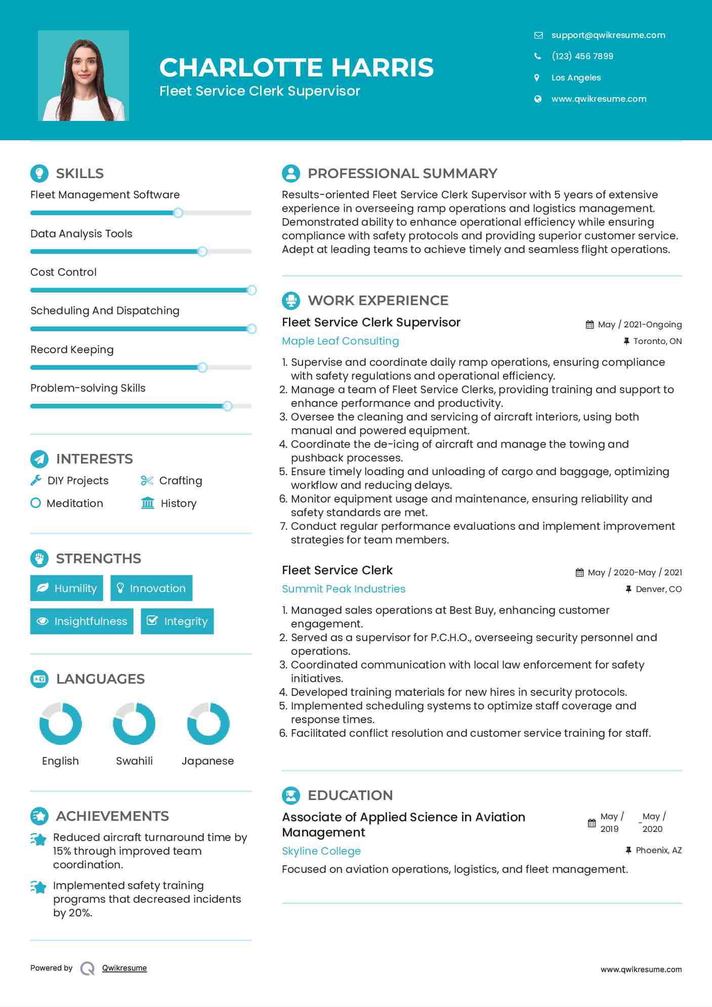 Fleet Service Clerk Supervisor Resume Model