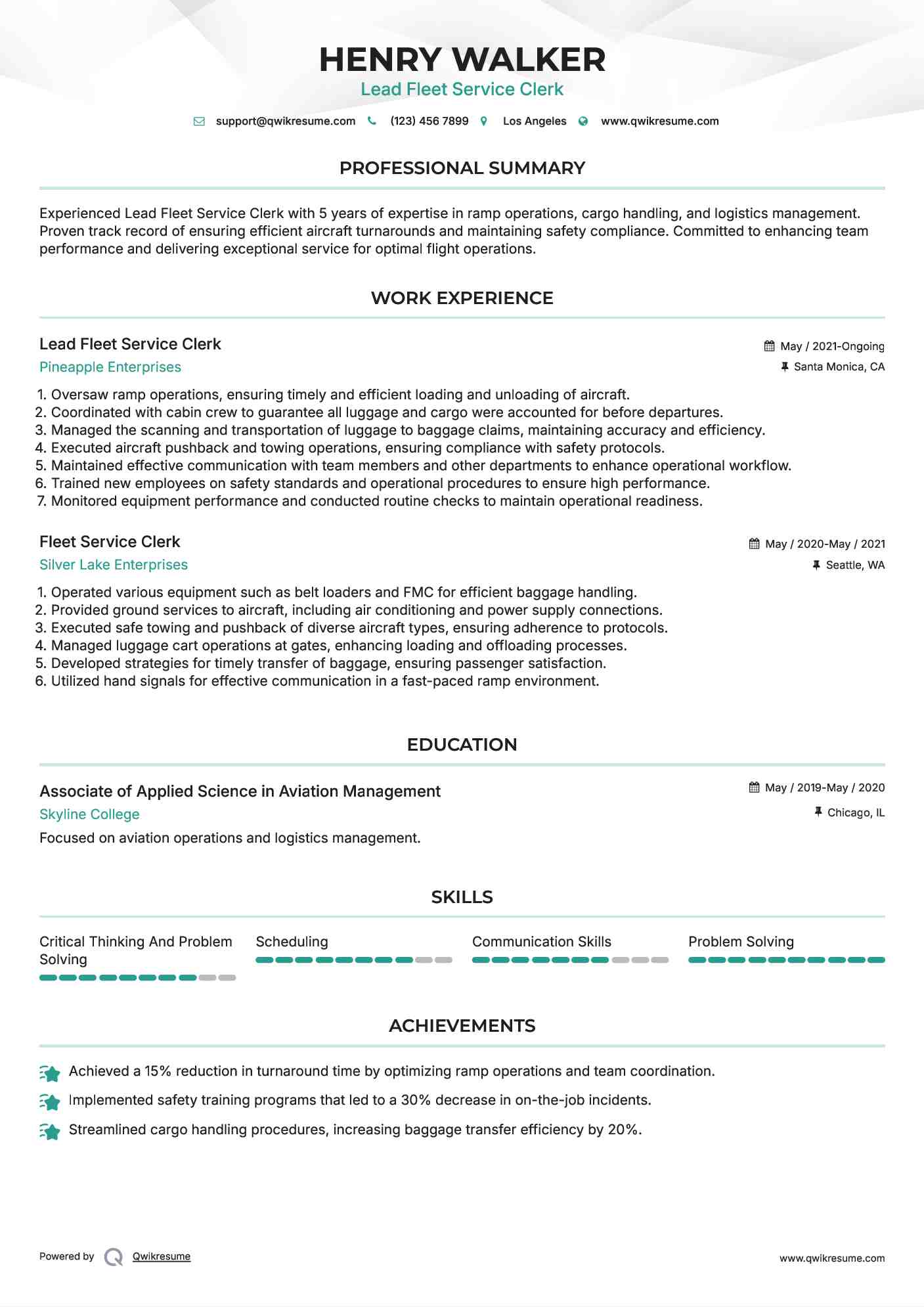 Lead Fleet Service Clerk
 Resume Format