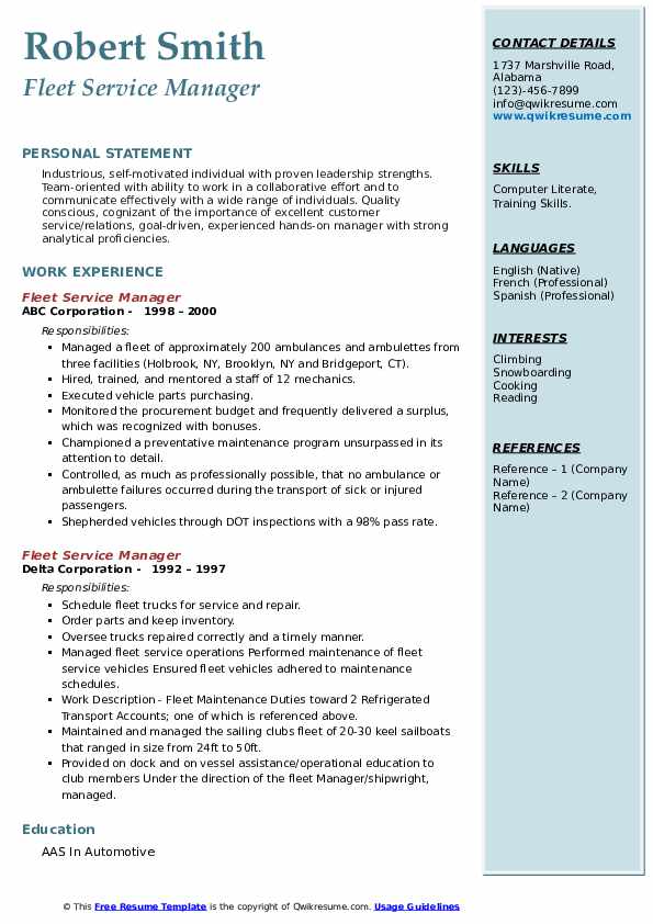 Fleet Service Manager Resume Samples QwikResume