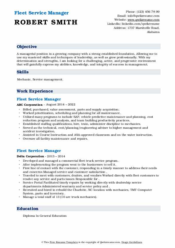 Fleet Service Manager Resume Samples QwikResume