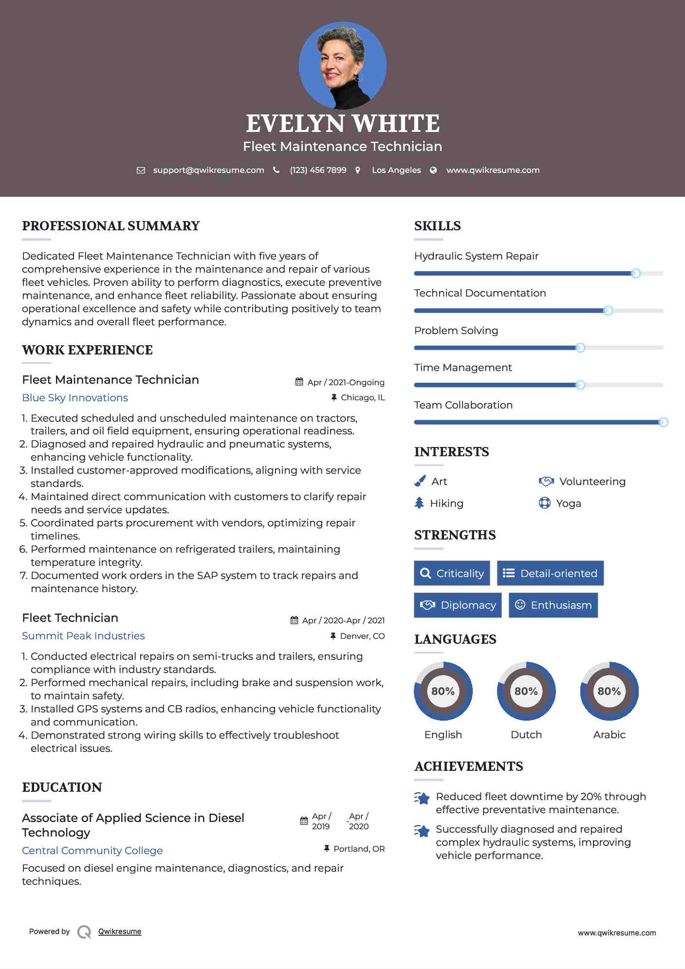 Fleet Maintenance Technician
 Resume Example