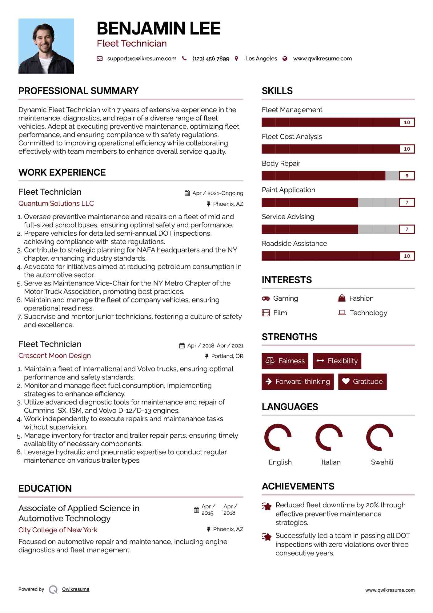 Fleet Technician Resume Example