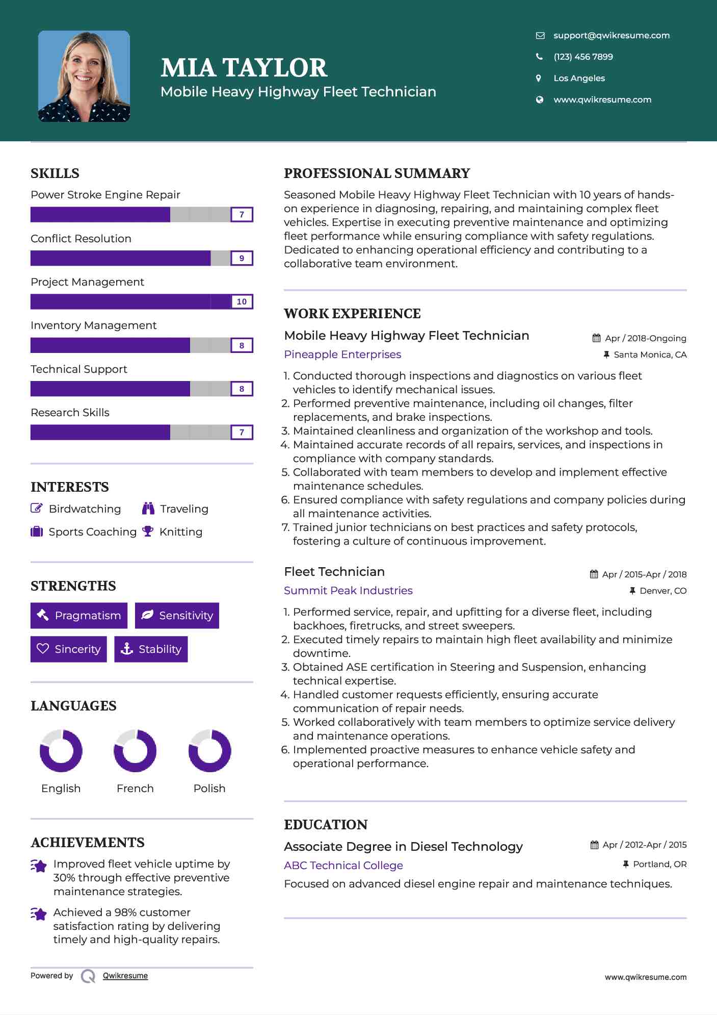 Mobile Heavy Highway Fleet Technician
 Resume Example