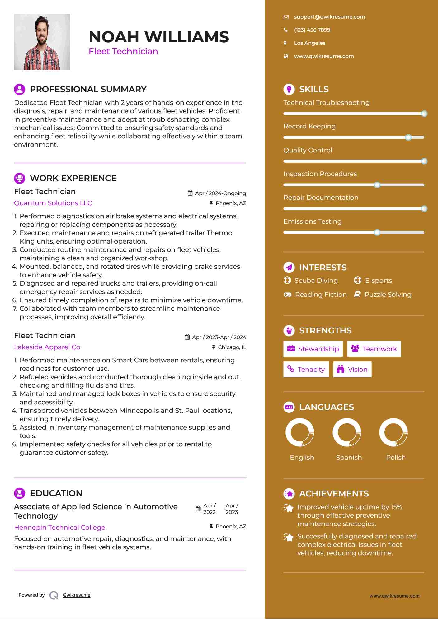 Fleet Technician Resume Model