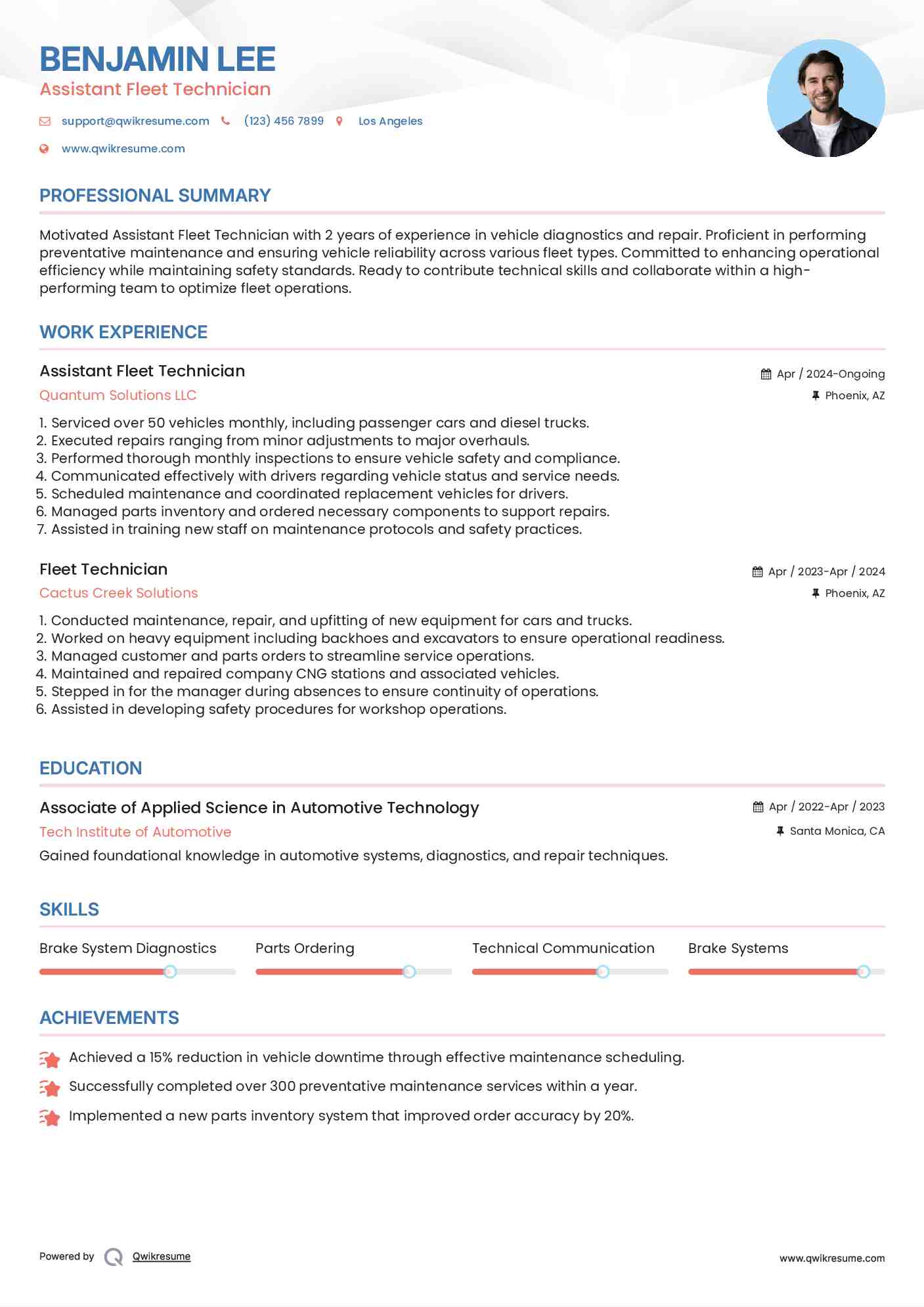 Assistant Fleet Technician  Resume Example