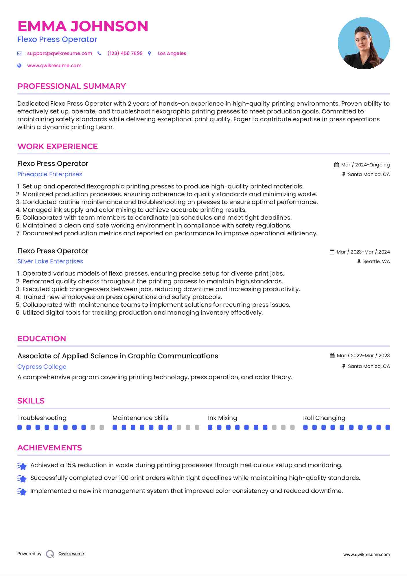 Flexo Press Operator Resume Example