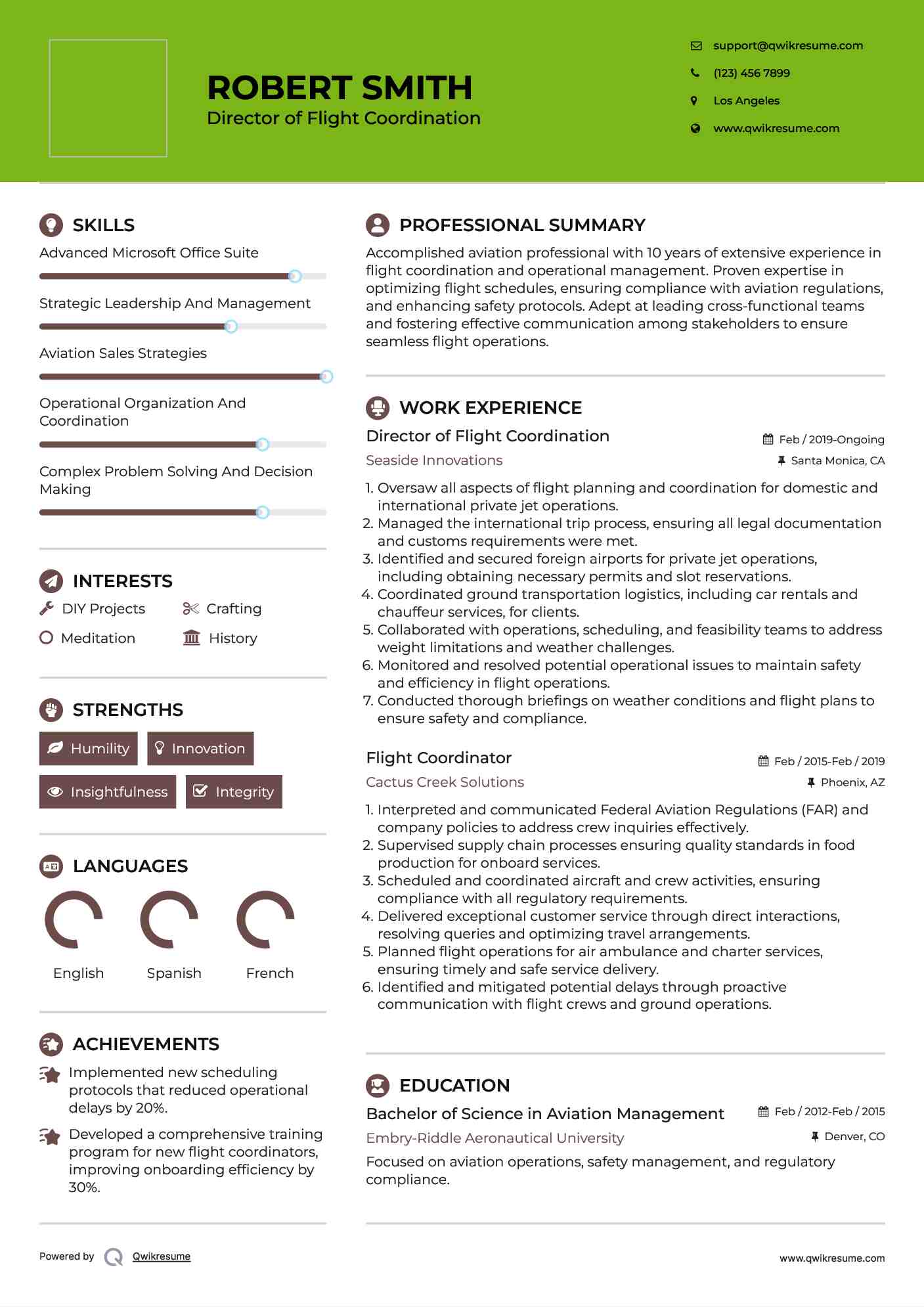 Director of Flight Coordination Resume Example