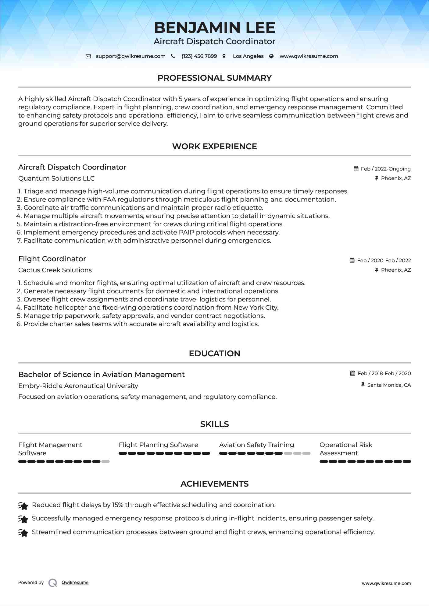 Aircraft Dispatch Coordinator Resume Model