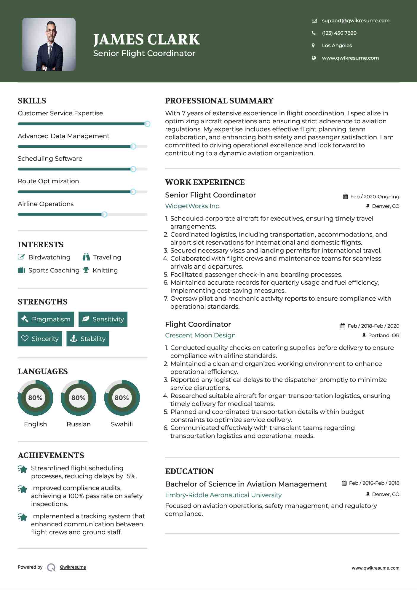 Senior Flight Coordinator Resume Sample