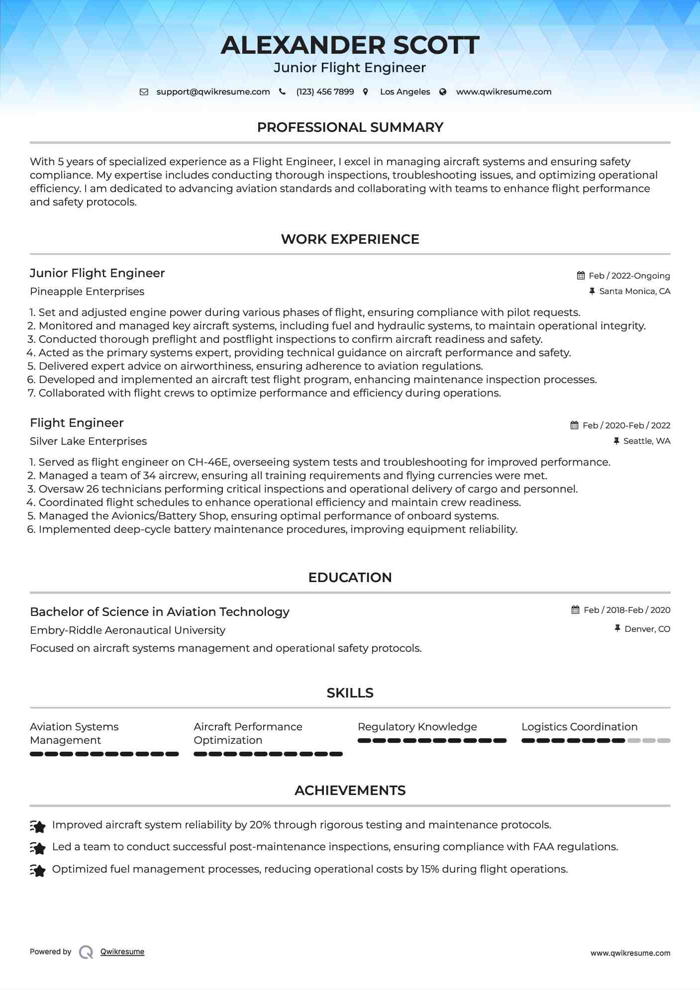 Junior Flight Engineer Resume Sample