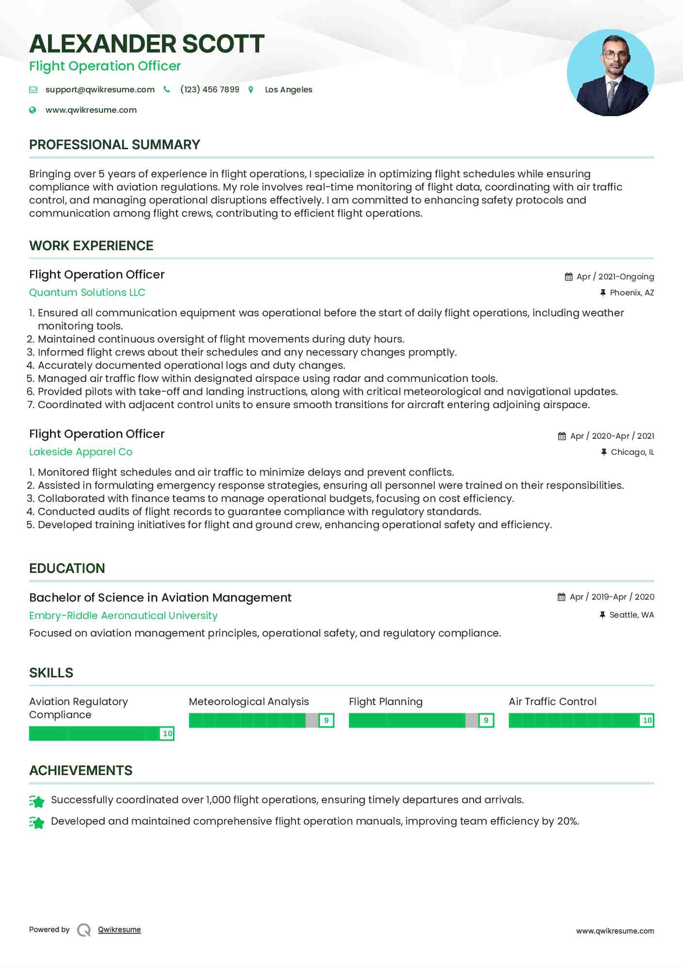 Flight Operation Officer Resume Sample