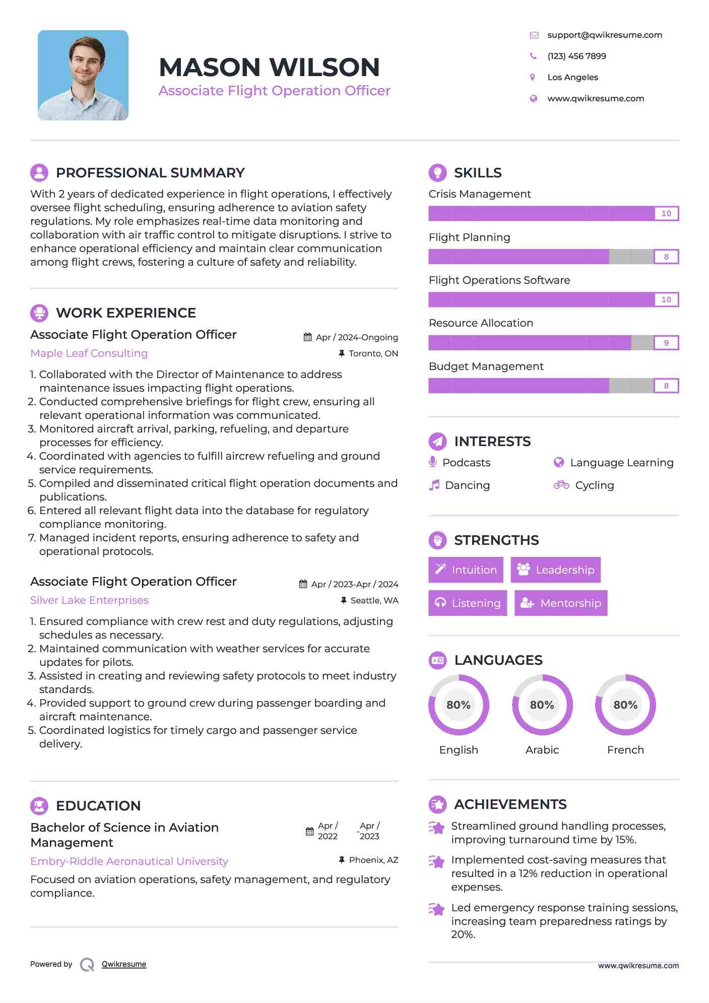 Associate Flight Operation Officer Resume Example