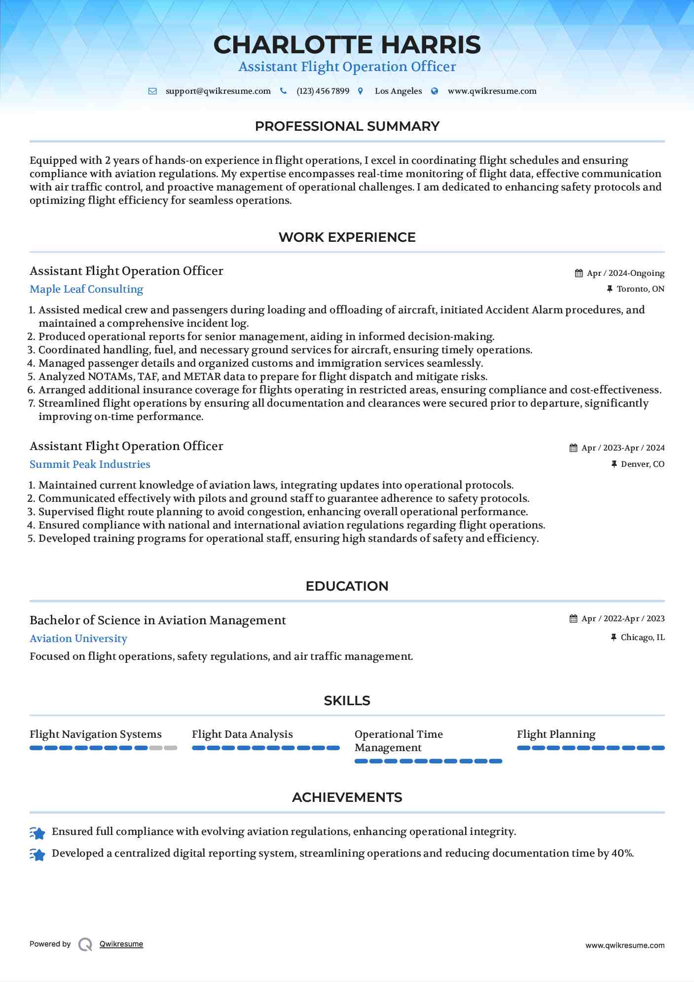 Assistant Flight Operation Officer Resume Format