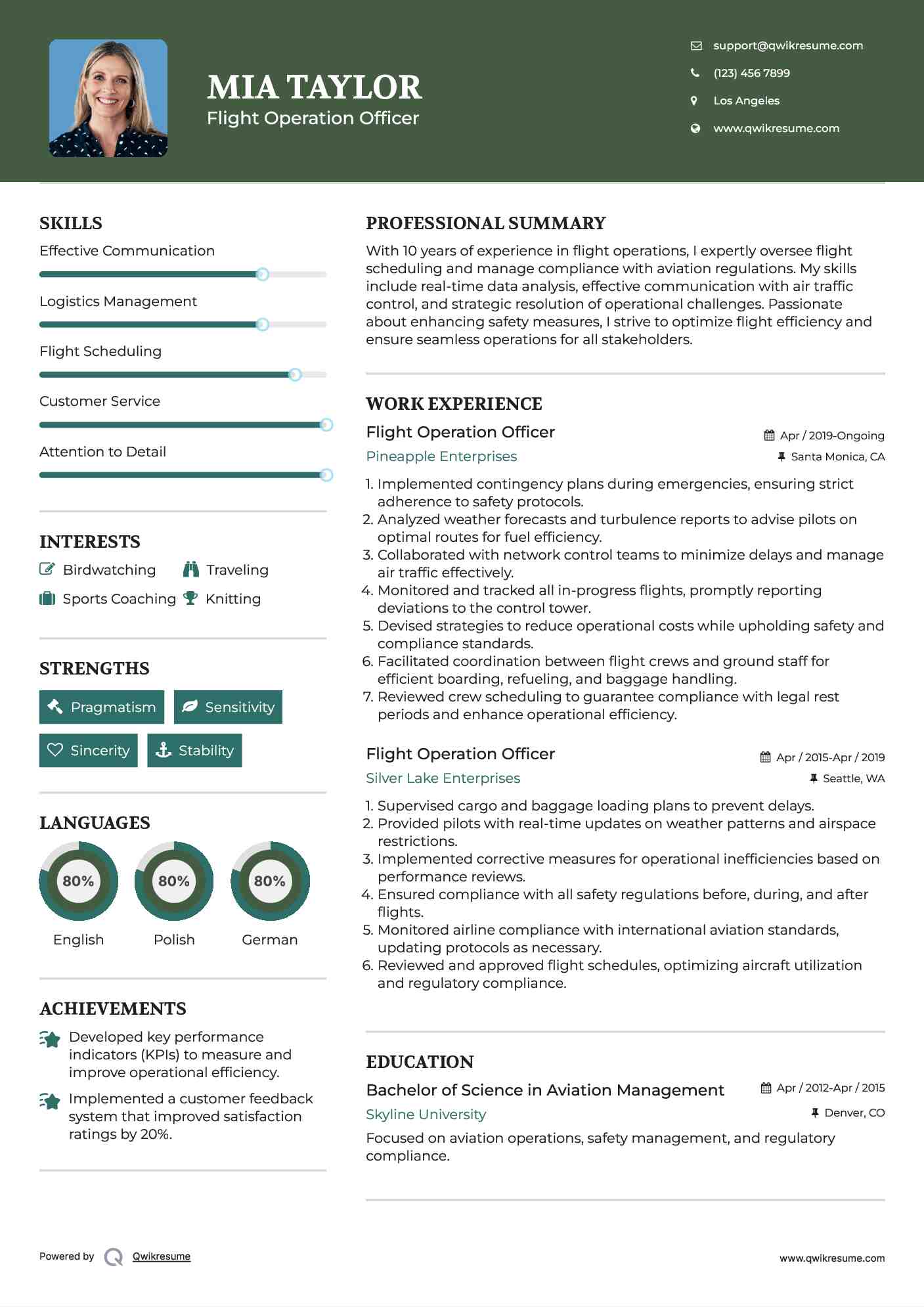 Flight Operation Officer Resume Format