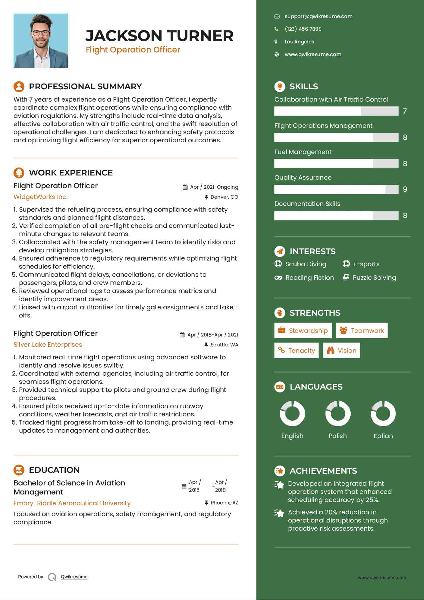 Flight Operation Officer Resume Example