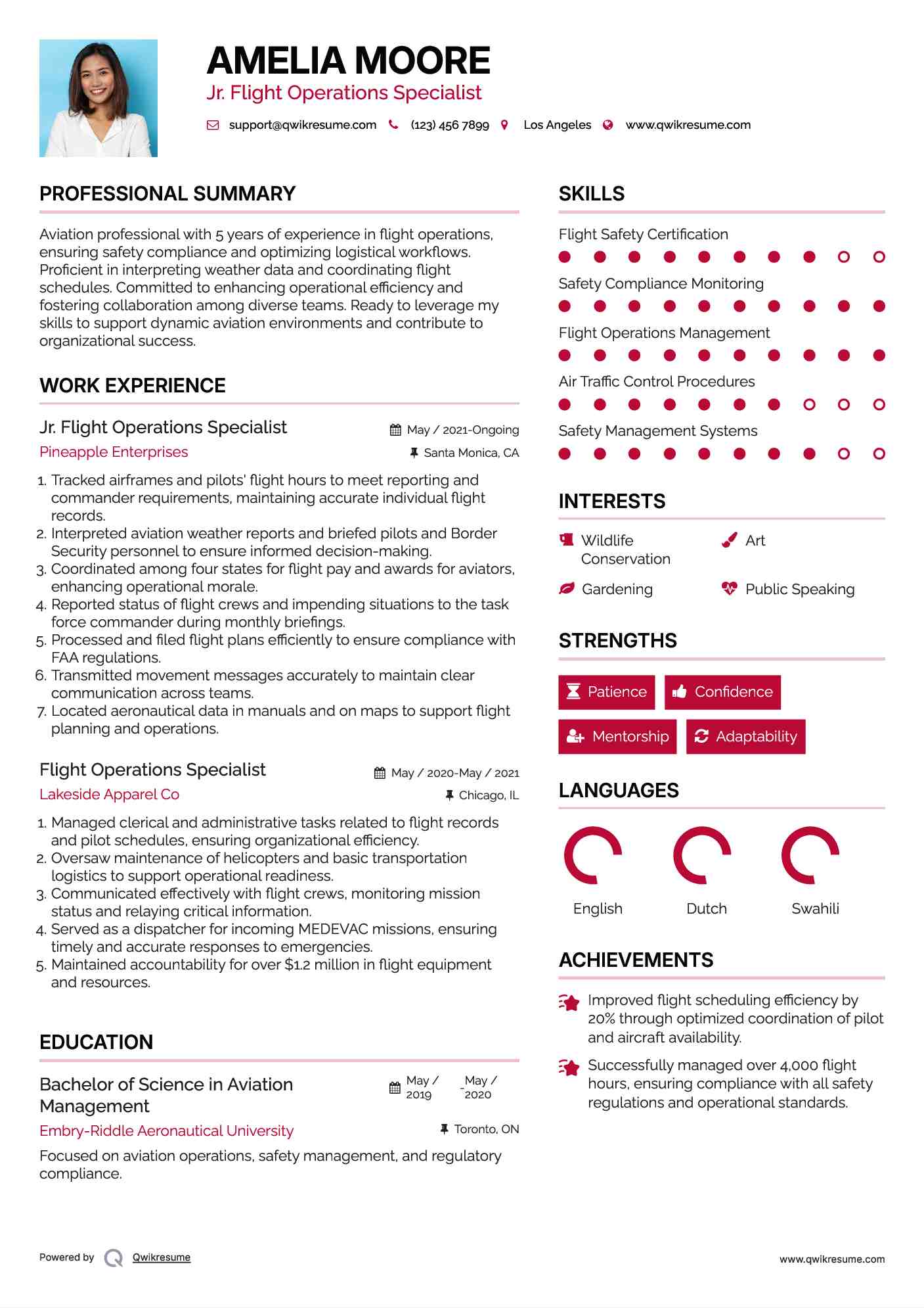 Jr. Flight Operations Specialist Resume Format
