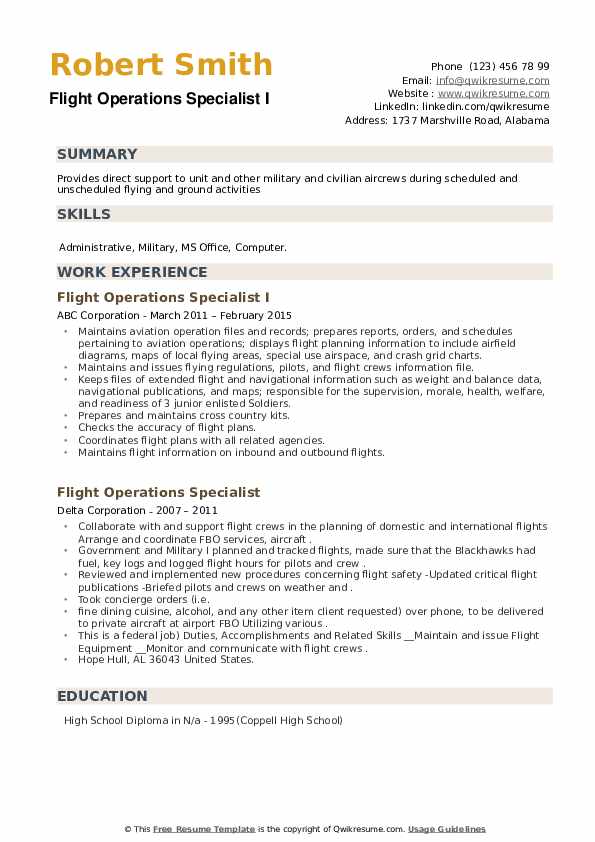 Flight Plan Résumé Complet Flight Operations Specialist Resume Samples | QwikResume