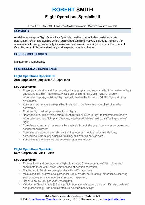 Flight Operations Specialist Resume Samples QwikResume