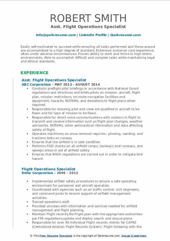 Flight Plan Résumé Complet Flight Operations Specialist Resume Samples | QwikResume