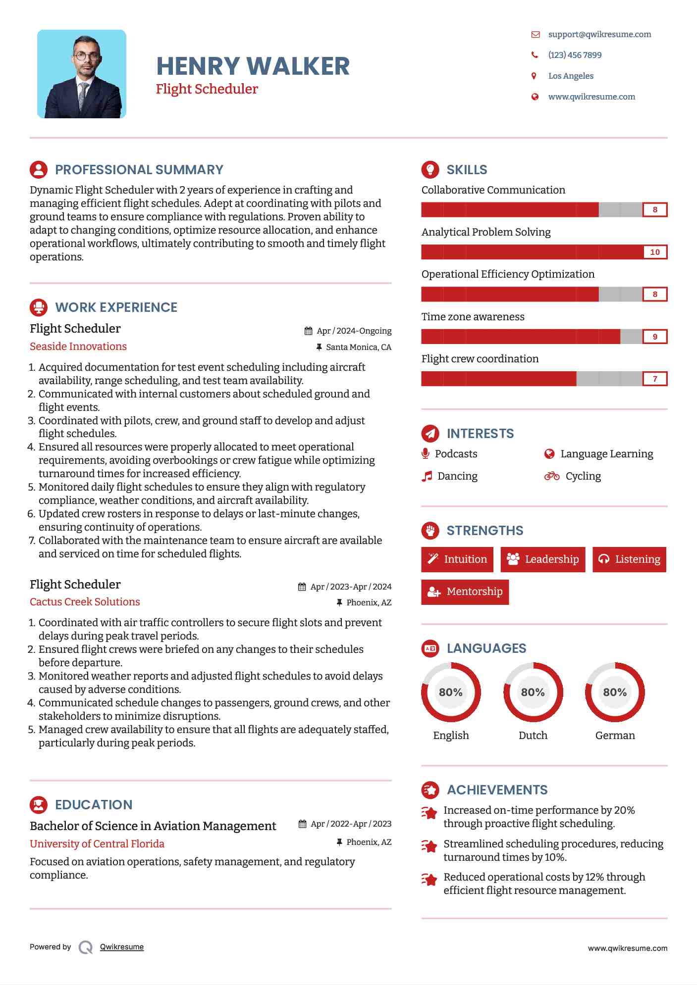 Flight Scheduler Resume Sample
