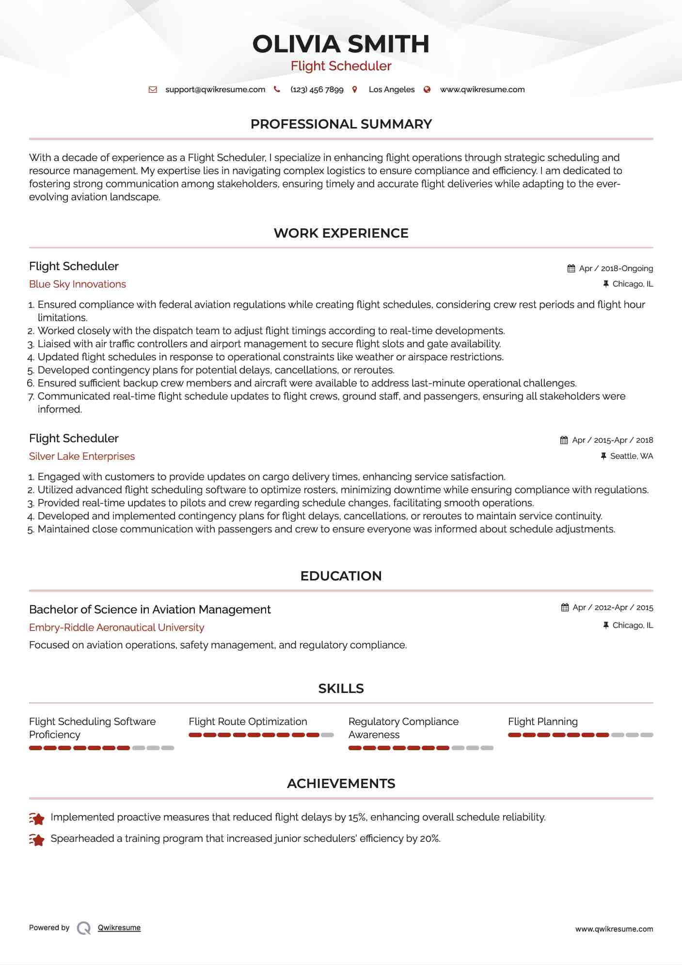Flight Scheduler Resume Format