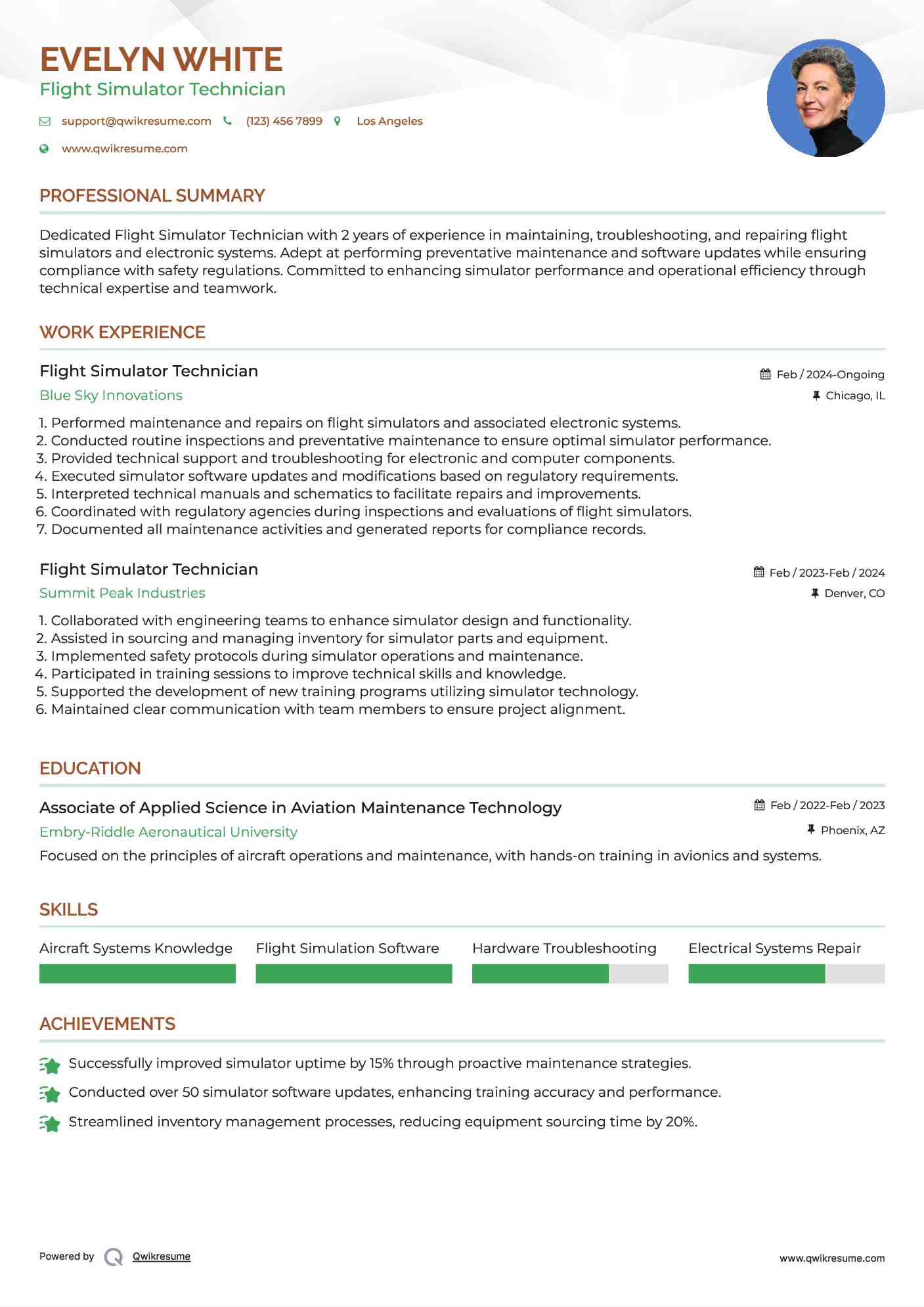 Flight Simulator Technician Resume Example