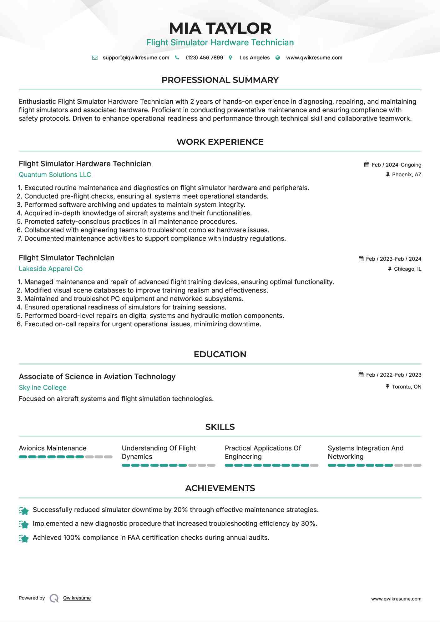 Flight Simulator Hardware Technician
 Resume Format