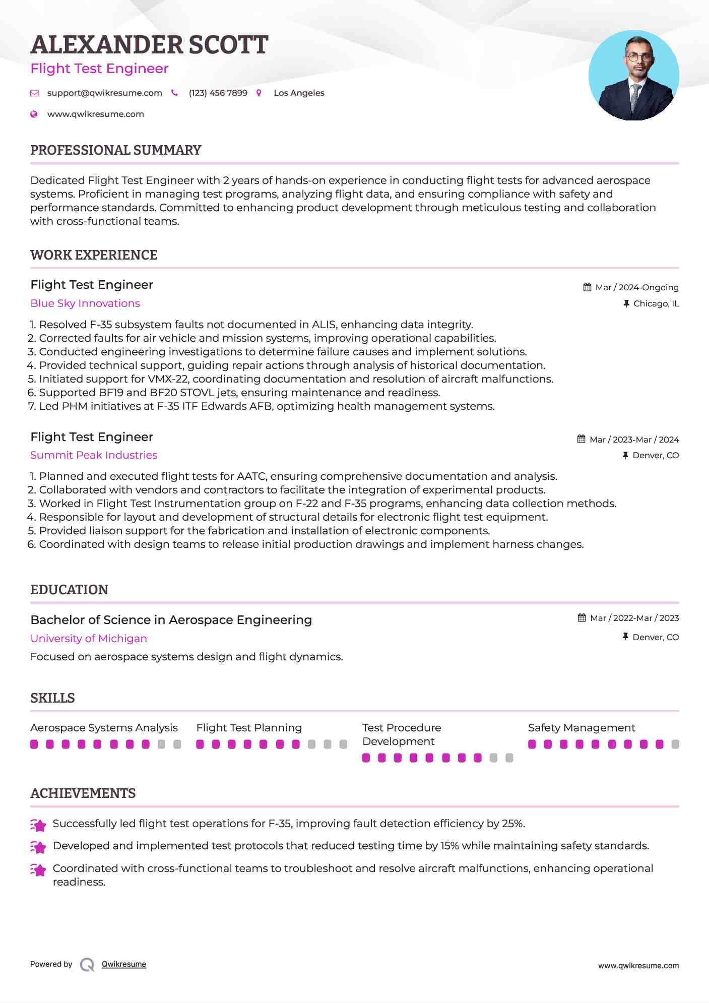 Flight Test Engineer Resume Samples QwikResume
