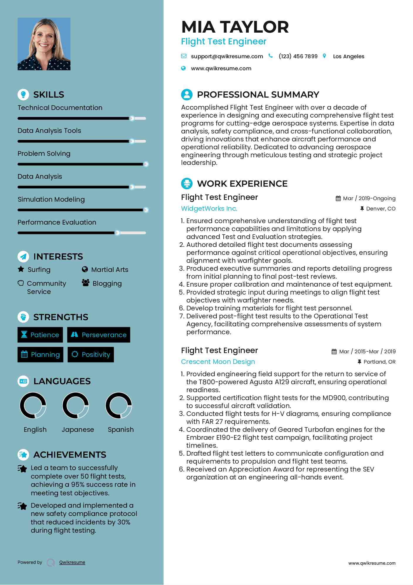 Flight Test Engineer Resume Samples QwikResume