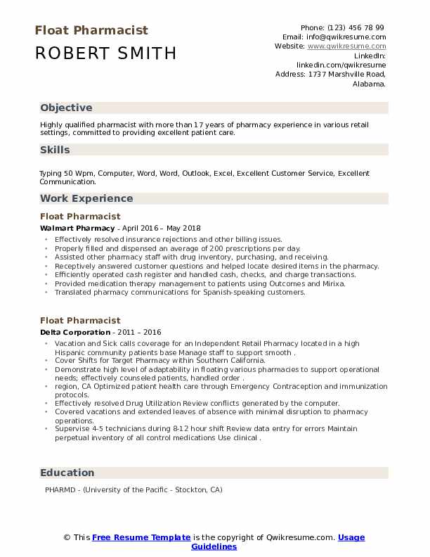 Float Pharmacist Resume Samples QwikResume