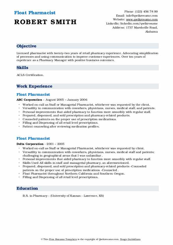 Float Pharmacist Resume Samples QwikResume
