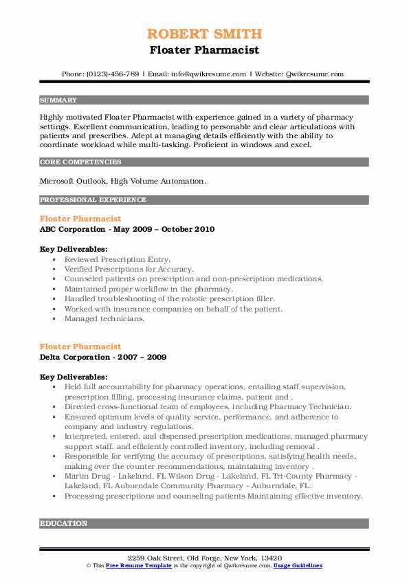 Floater Pharmacist Resume Samples QwikResume