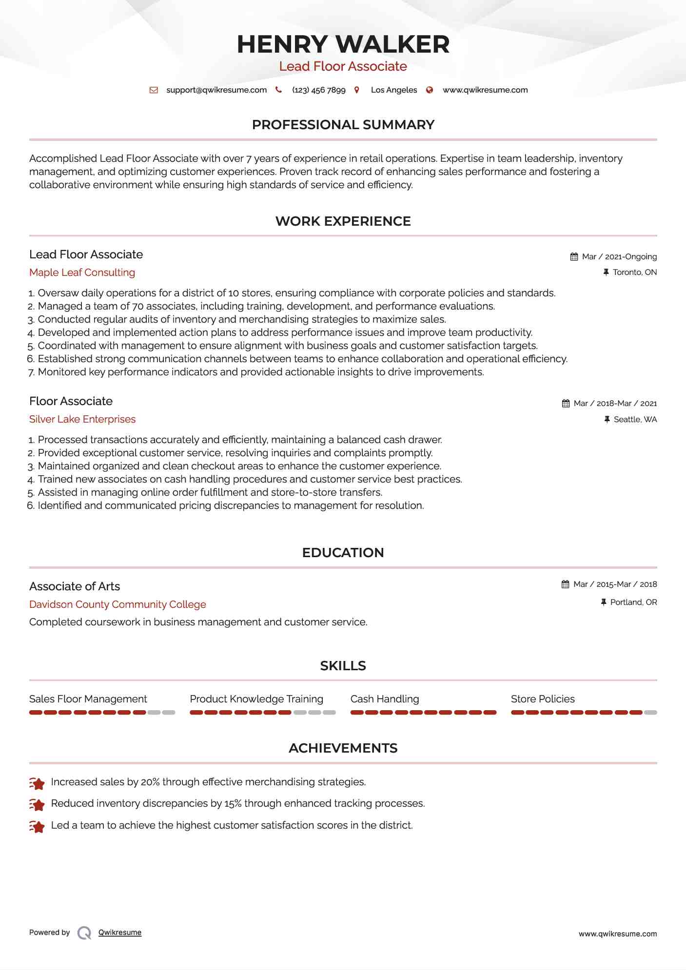 Lead Floor Associate Resume Template