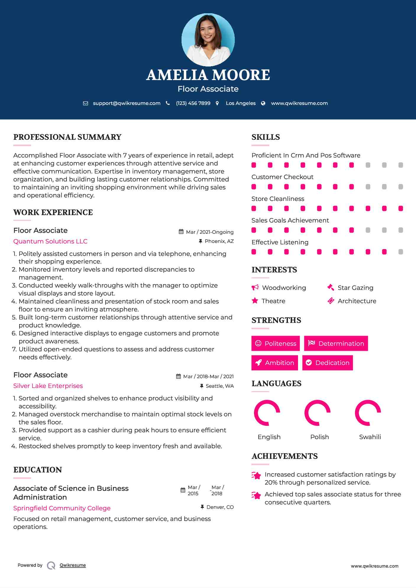 Floor Associate Resume Sample