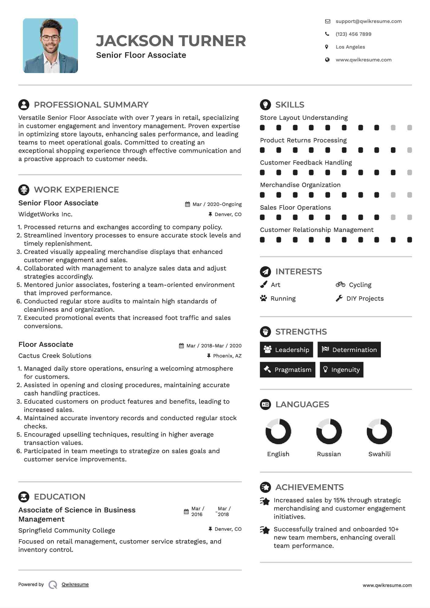 Senior Floor Associate Resume Example