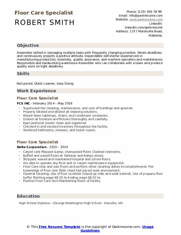 Floor Care Specialist Resume Samples QwikResume
