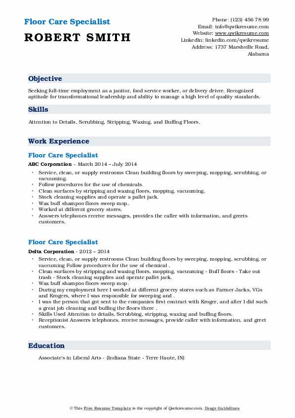 Floor Care Specialist Resume Samples QwikResume