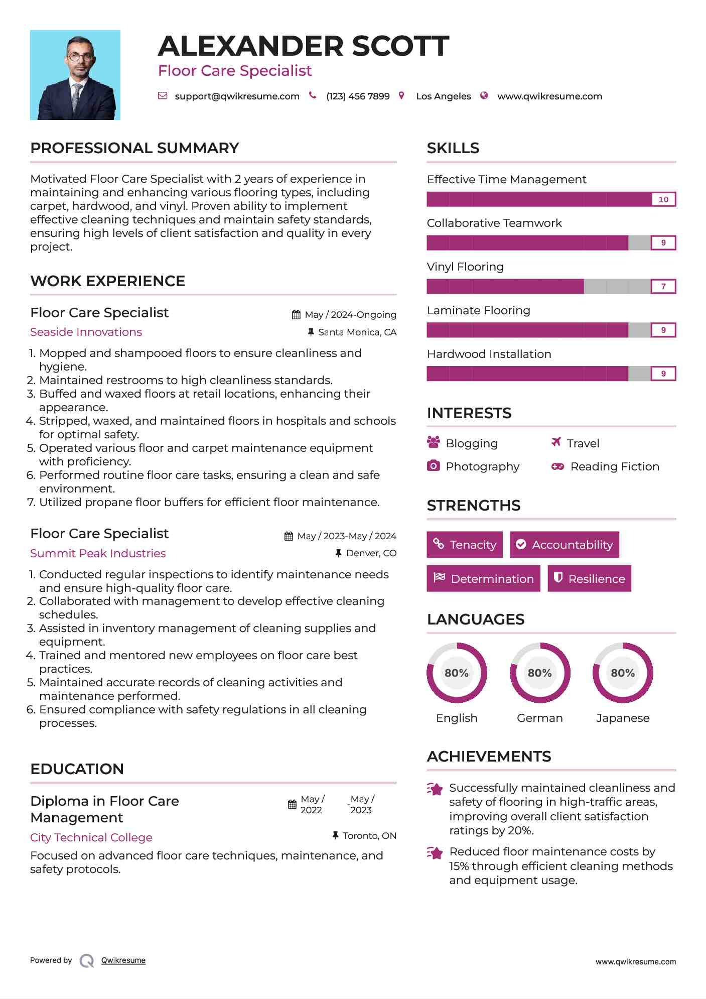 Floor Care Specialist Resume Sample