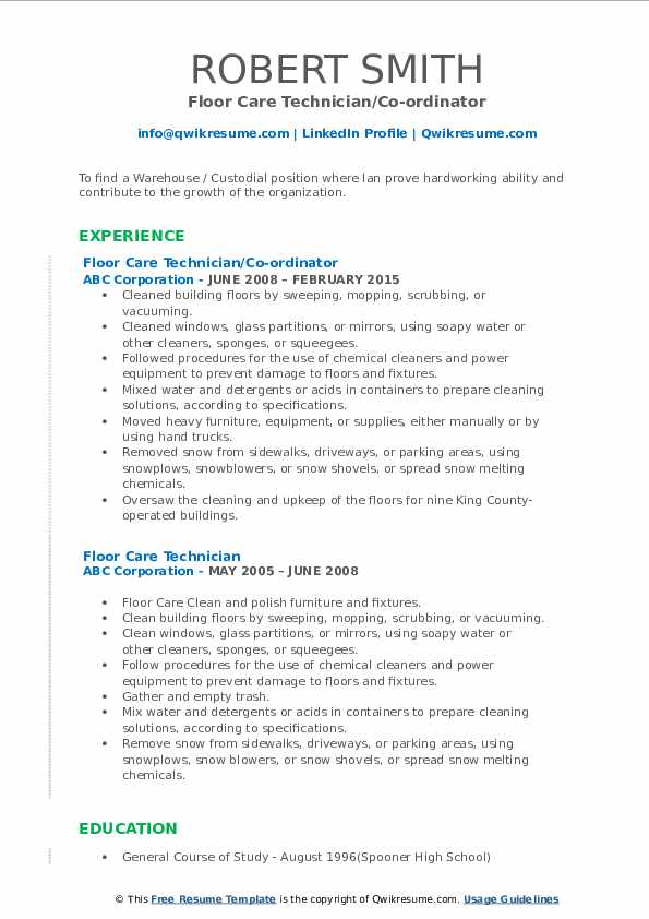 Floor Care Technician Resume Samples QwikResume
